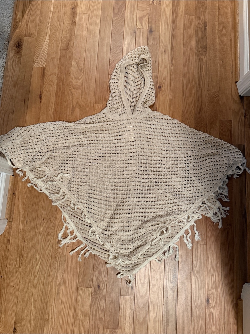 aerie Open-Knit Hooded Sweater in Shimmery Beige